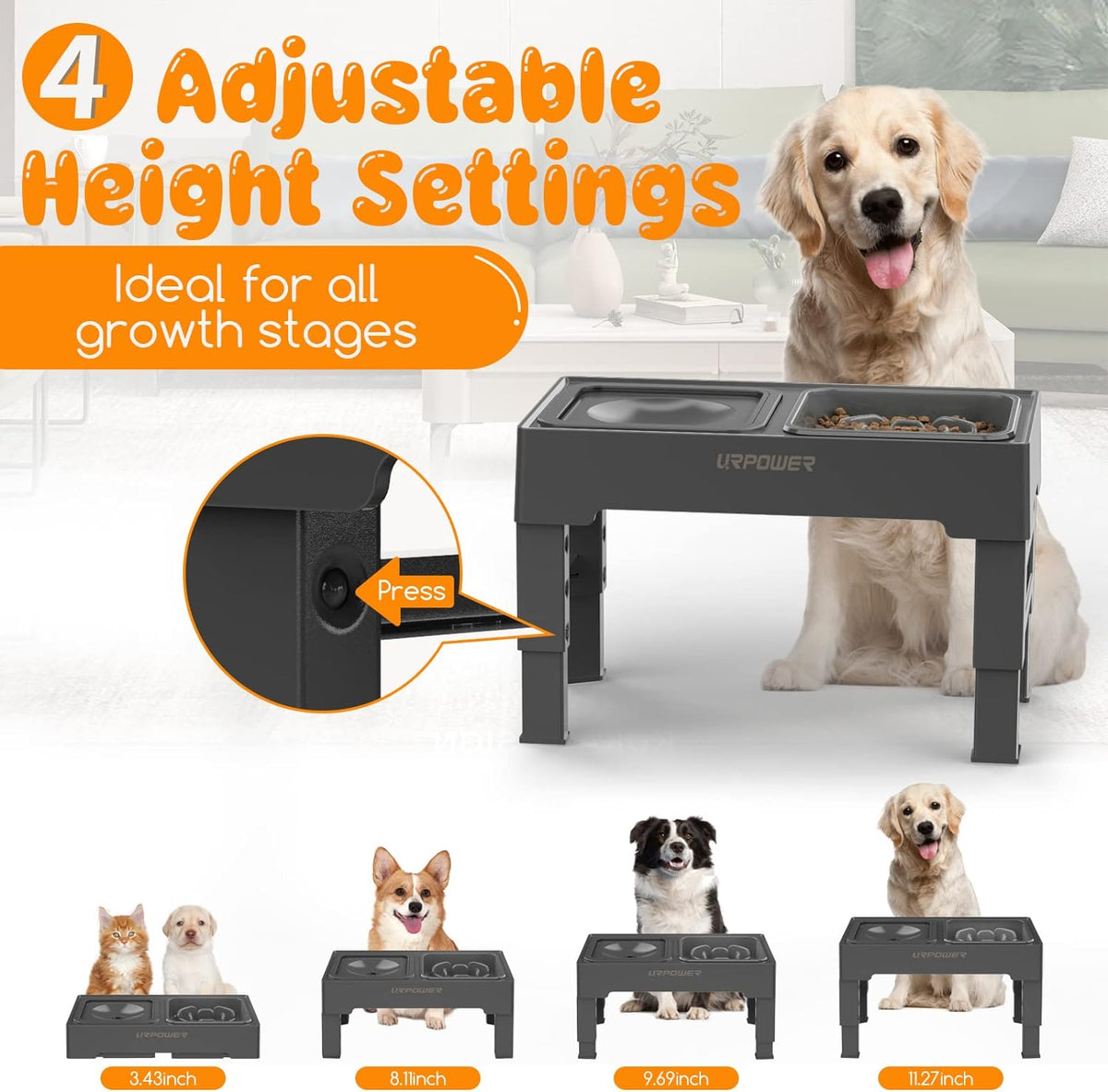URPOWER 2-in-1 Elevated Slow Feeder with No Spill Dog Water Bowl 4 Height Adjustable Raised Bowl