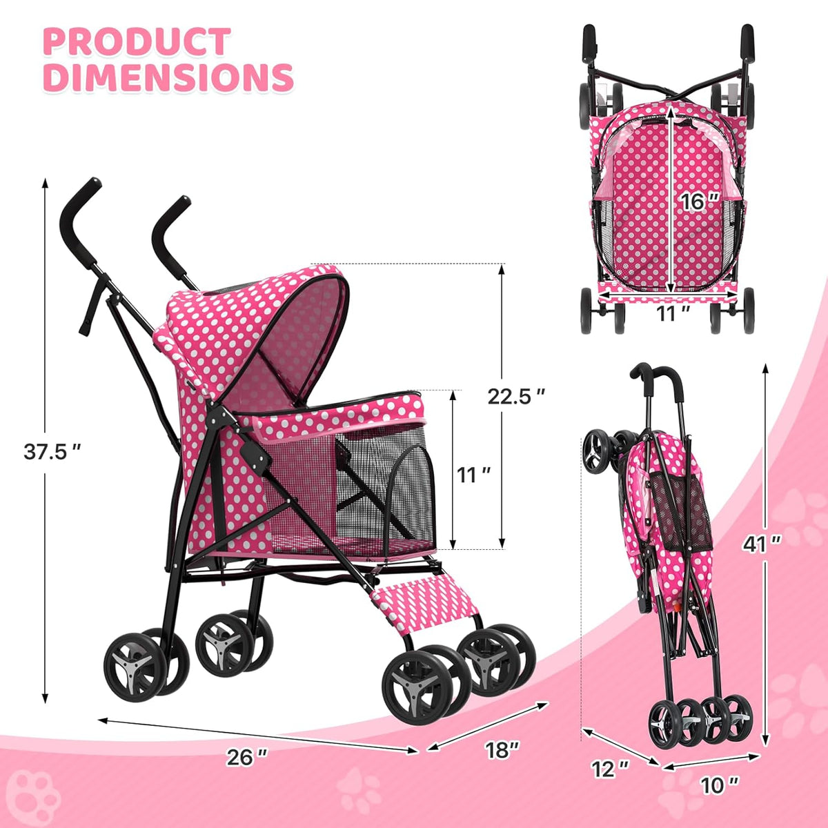 Magshion Compact Pet Stroller for Small-Medium Dogs/Cats up to 22lbs, 4-Wheel Lightweight Umbrella