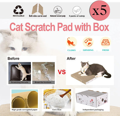 5 Packs in 1 Cat Scratch Pad with Box, Cat Scratcher Cardboard,Reversible,Durable Recyclable