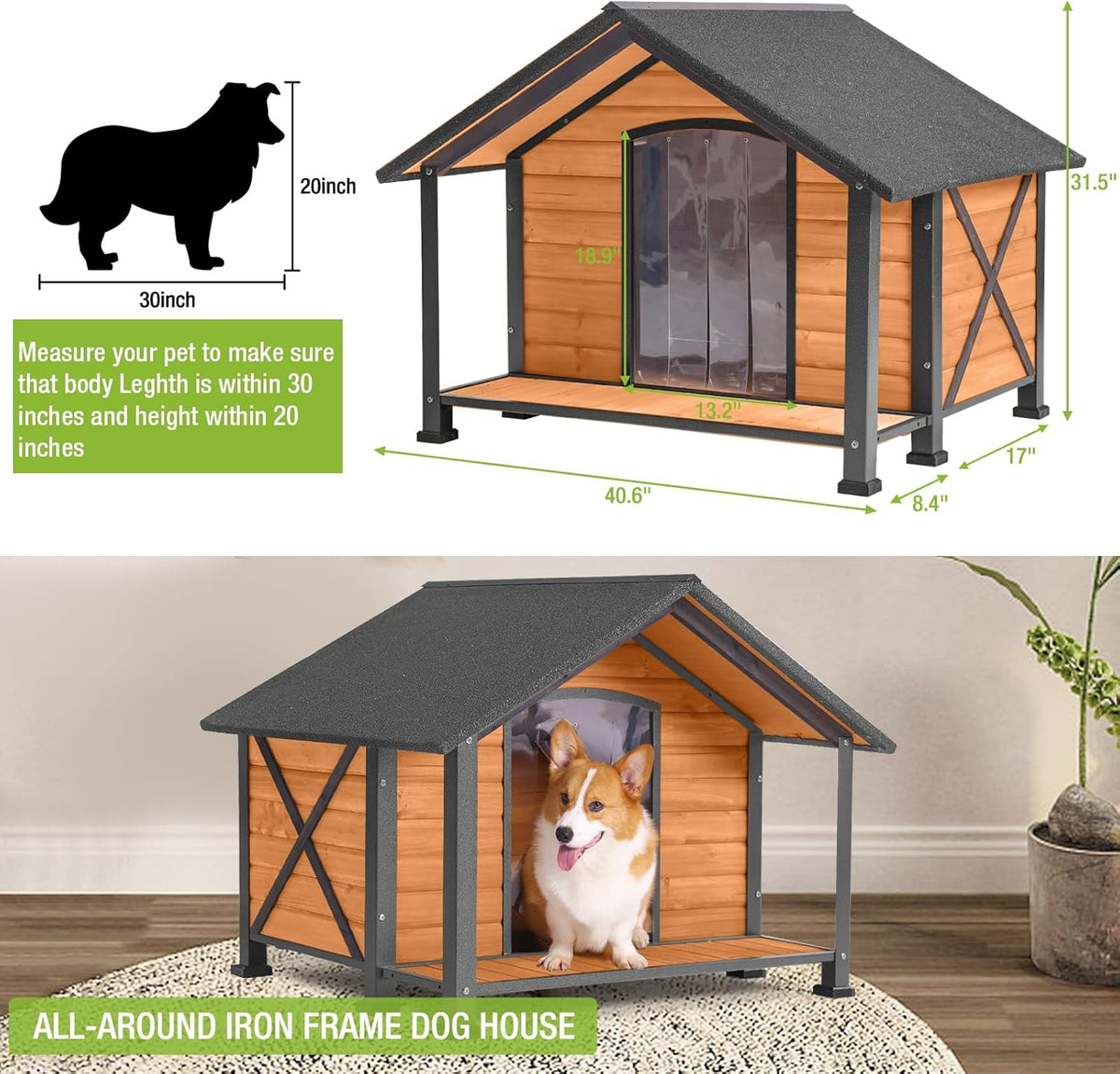 Dog House Outdoor & Indoor Unique All-Around Iron Frame Dog Kennel for Winter with Raised Feet for