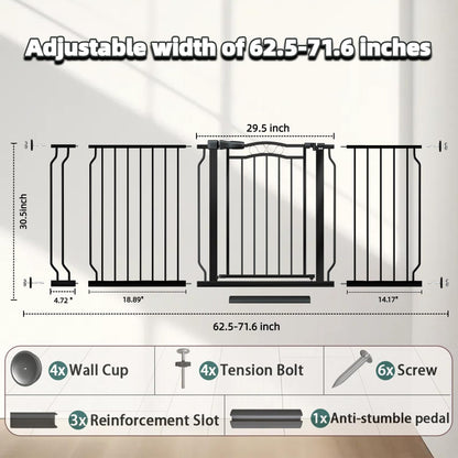 62.5"-71.6" Extra Wide Baby Gate for Doorways No Drill, Pressure Mounted Dog Gate Indoor, Walk Thru