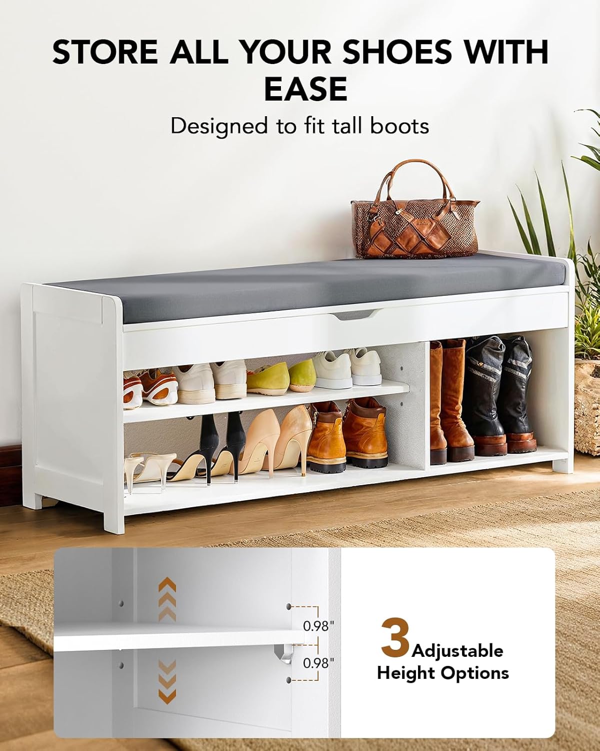 Amada Shoe Storage Bench, Entryway Bench with Cushioned Seat & Lift Top Storage, 3 Doors