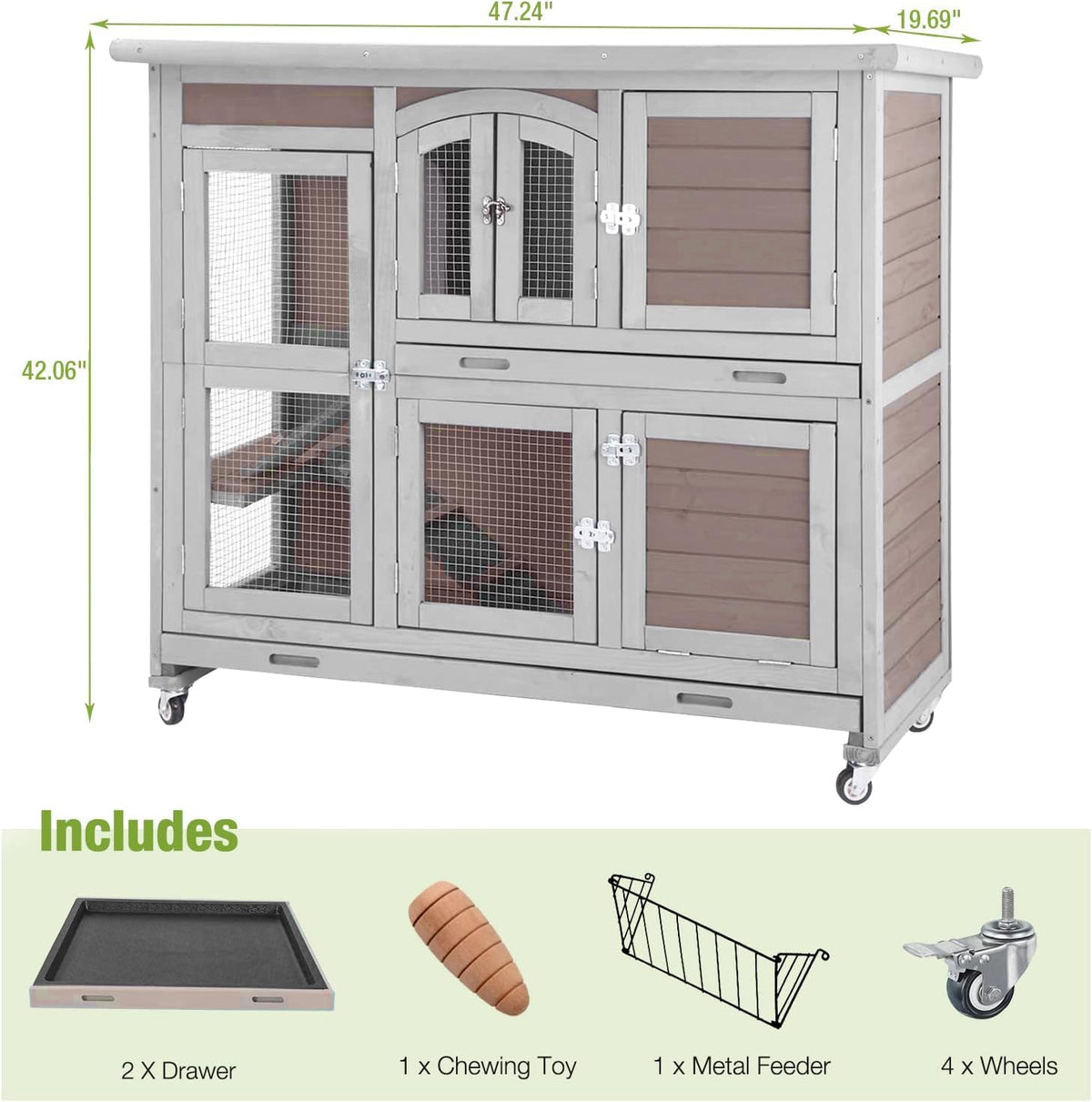 GUTINNEEN Rabbit Hutch Indoor Outdoor Bunny House Guinea Pig Cage on Wheel with Plastic Tray 47inch