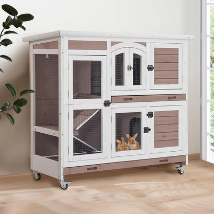 GUTINNEEN Large Rabbit Hutch Wooden Bunny Cage Indoor with Chew-Proof Ramp, 2-Story Guinea Pig
