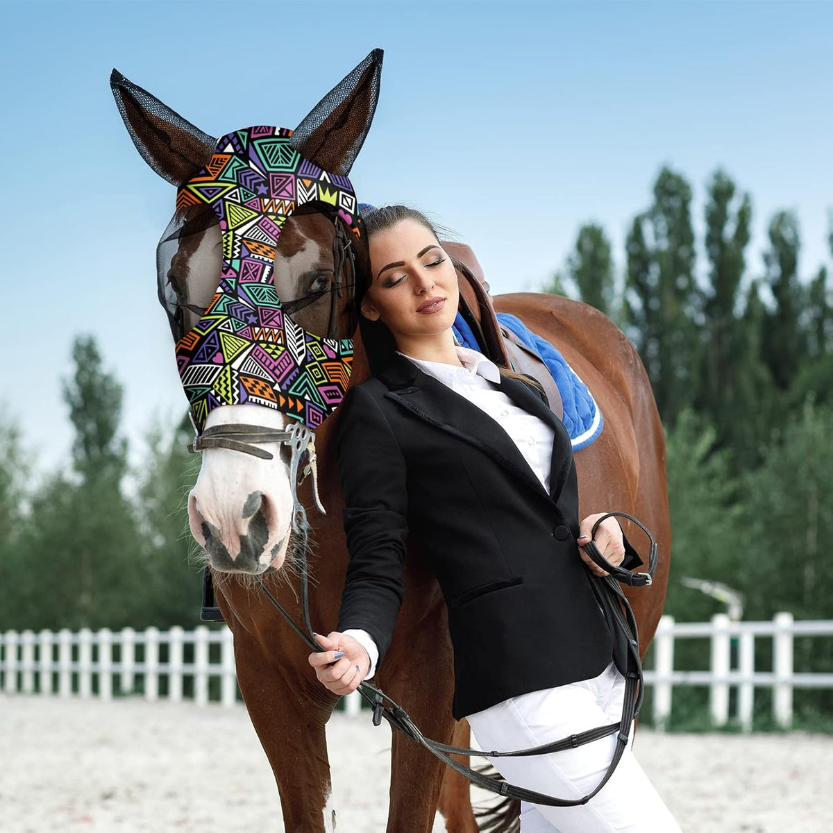 Qualirey12 Pieces Horse Fly Mask Bulk Comfortable Elasticity Mask for Horses with Ears Net UV