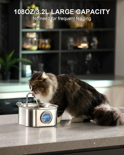 Cat Water Fountain Stainless Steel: 108oz/3.2L Automatic Pet Water Fountain - Dog Water Dispenser