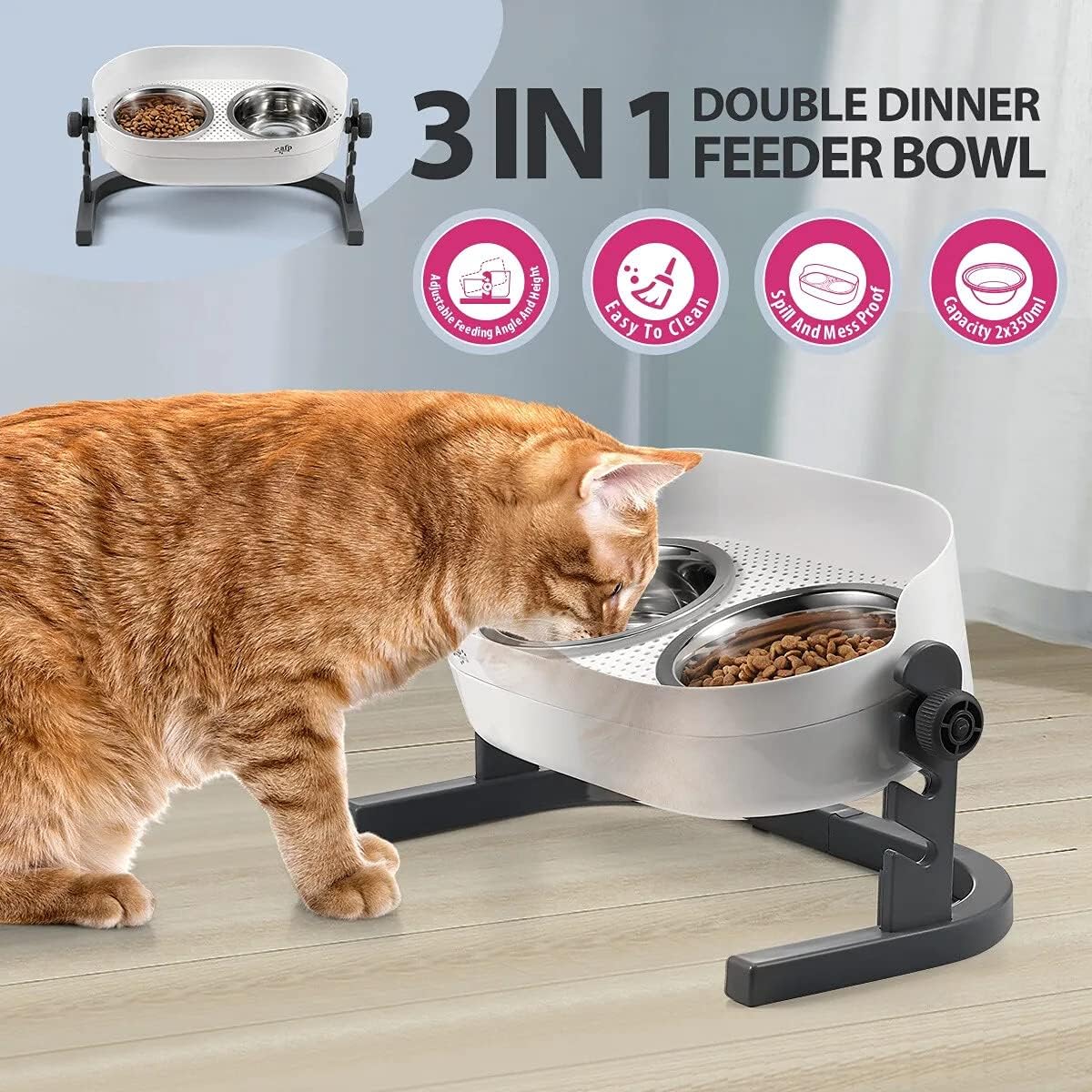 All for Paws Height Adjustable Cat Elevated Bowls Stainless Steel Dog Food Water Bowls, Height