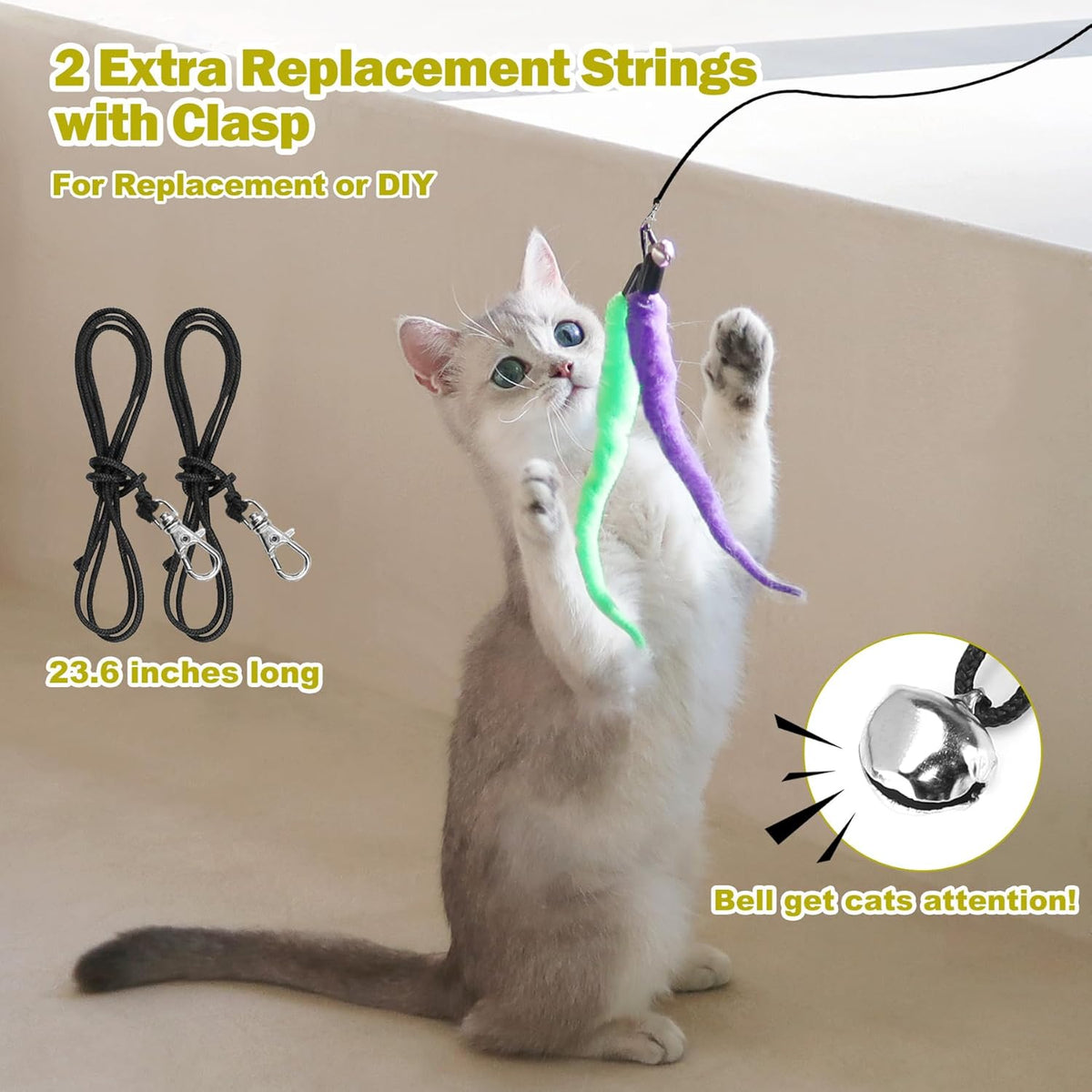 Interactive Cat Toys - Retractable Wand Toy and Feather Toys Refills for Indoor Cats to Chase and