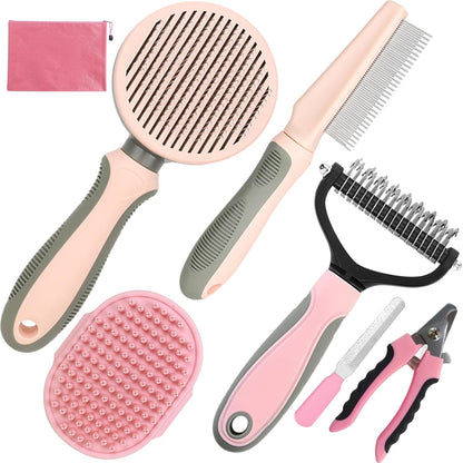 Pet Grooming Kit - 7 PCS Deshedding Brush Set with Slicker, Undercoat Rake, Bath Brush & Nail