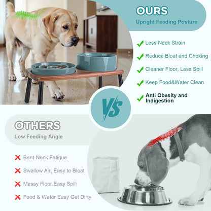 SPUNKYJUNKY Ceramic Elevated Dog Bowls with Slow Feeder Raised Acacia Bamboo Wooden Stand, 8.3''