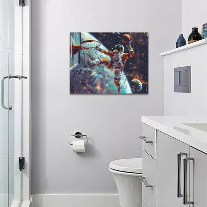 Quorin Astronaut Wall Art Funny Spaceman Basketball Pictures Space Galaxy Planet Wall Decor Canvas