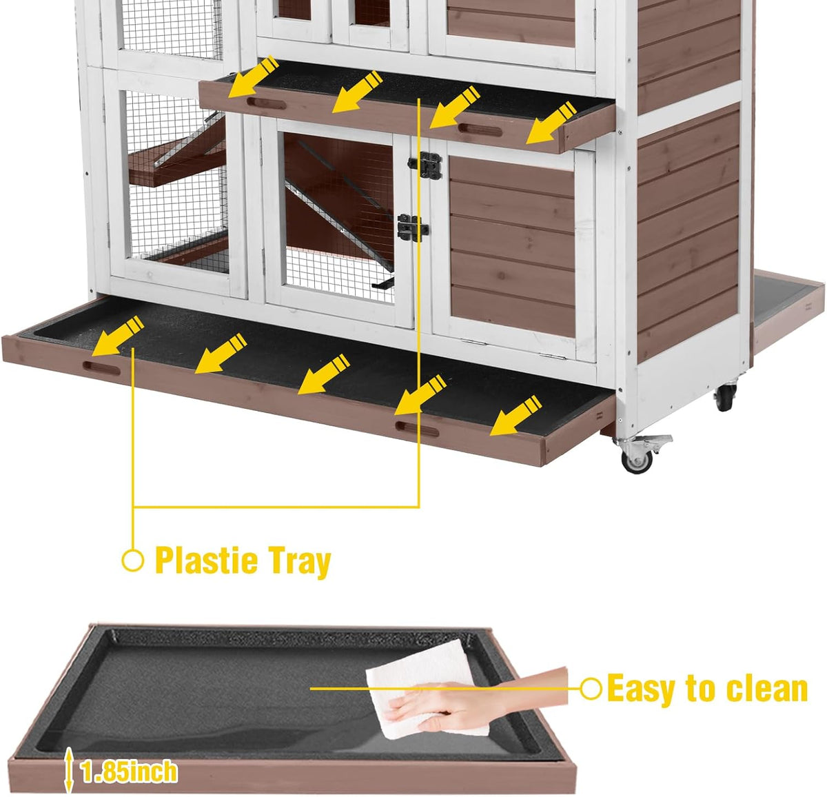 Aivituvin Rabbit Hutch Indoor, Bunny Cage with Wheels, 2-Story Design, 2 Deep Trays, Anti Slip