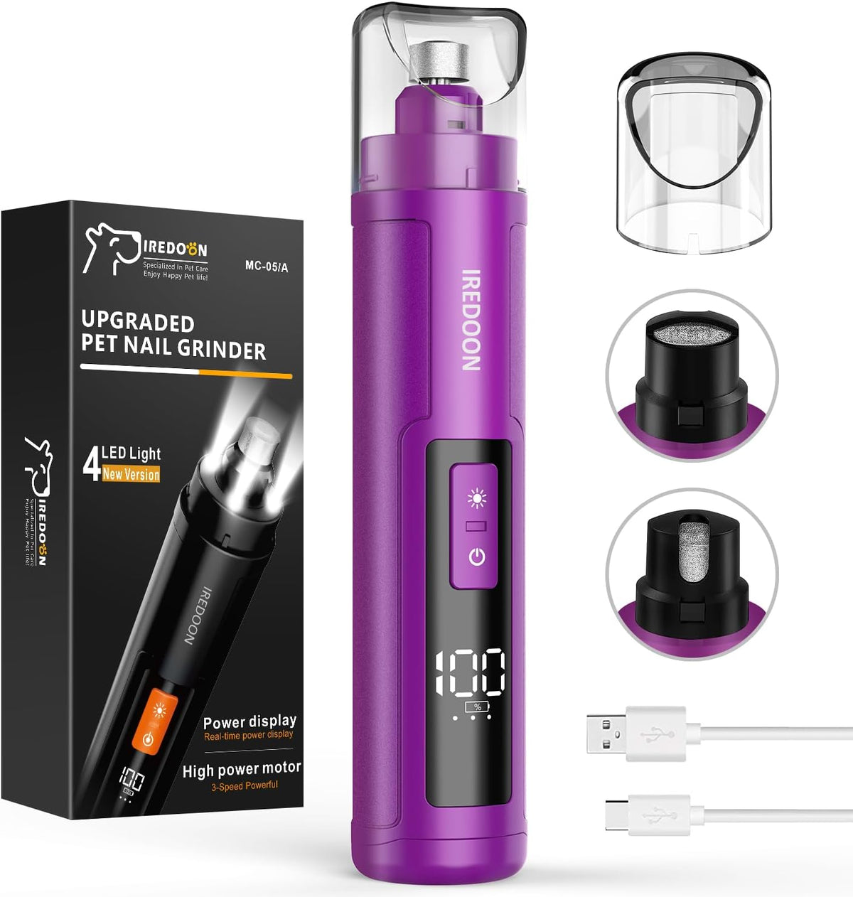 Dog Nail Grinder Upgraded - Professional 3-Speed Super Quiet and Low Vibration Electric Pet Nail