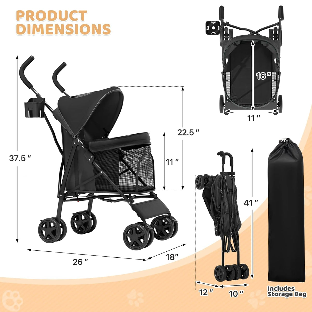 Magshion Compact Pet Stroller for Small-Medium Dogs/Cats up to 22lbs, 4-Wheel Lightweight Umbrella