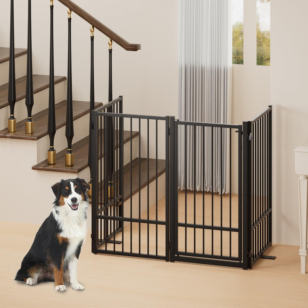 Full Metal Freestanding Dog Gate with Door, 36''Height Foldable Pet Dog Fence for Indoor & Outdoor