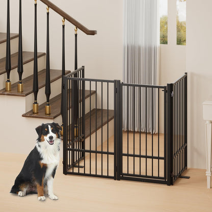 Full Metal Freestanding Dog Gate with Door, 36''Height Foldable Pet Dog Fence for Indoor & Outdoor