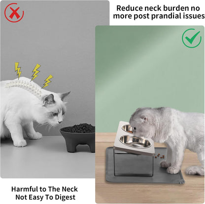 Upgraded Elevated Cat Bowls with Food Mat,15°Tilted Stand Anti Vomiting Raised Cat Dishes for Food