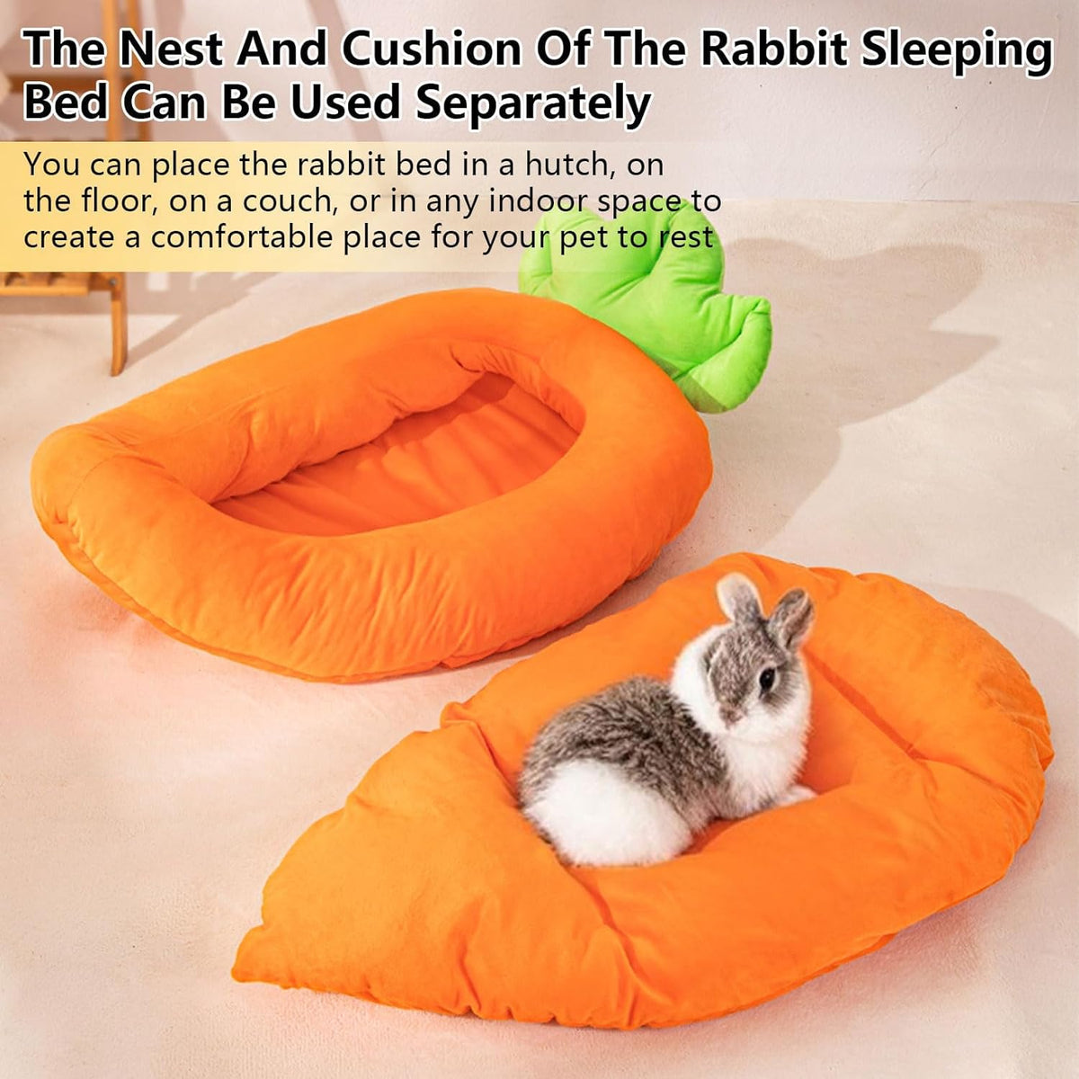 Rabbit Bed,Thick&Soft Bunny Bed with Removable Cushion,Machine Washable with Rattan Mat & Heart