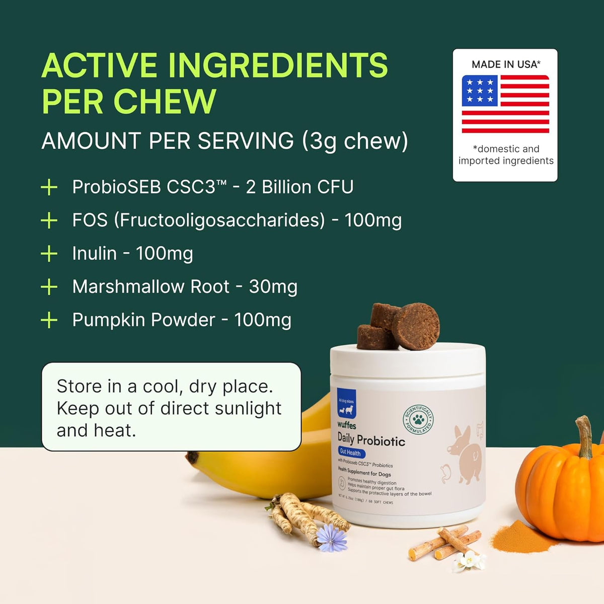 Wuffes Daily Probiotic for Dogs - Supports Digestive Health, Gut Balance, and Immune System - with