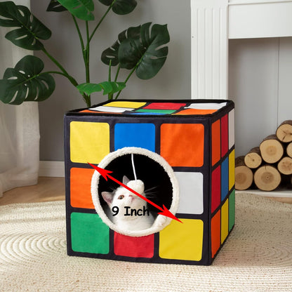 LUCKITTY Cat Condo House with Reversible Cushions and Fluffy Ball Hanging, Foldable Magic Cube