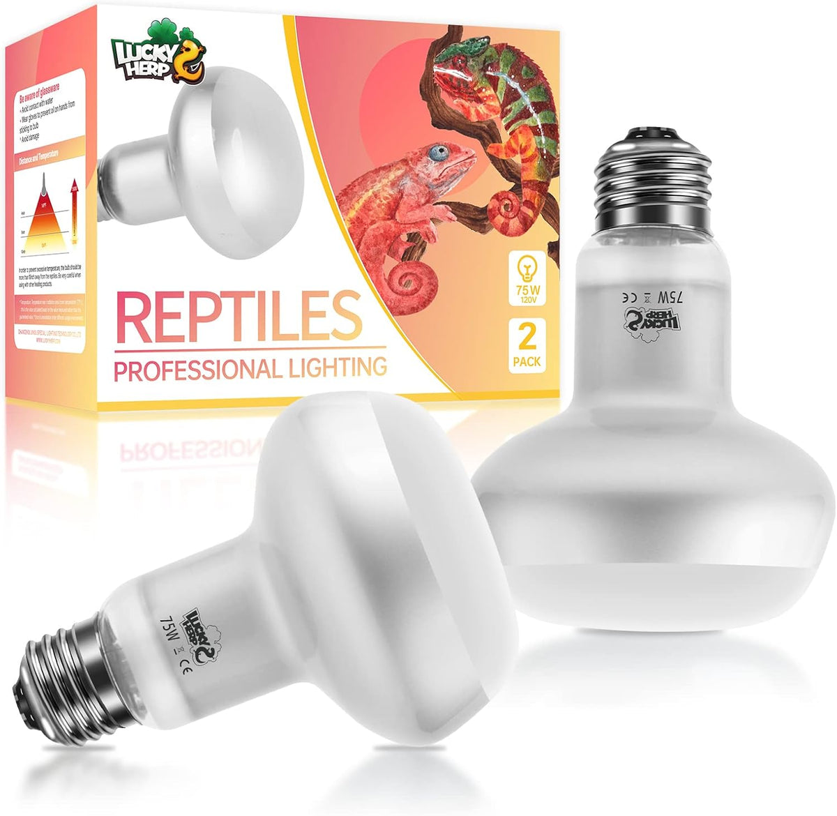 LUCKY HERP Intense Heat Lamp Bulbs for Reptiles 75W 2 Pack, UVA Daylight Reptile Heat Lamp, Reptile