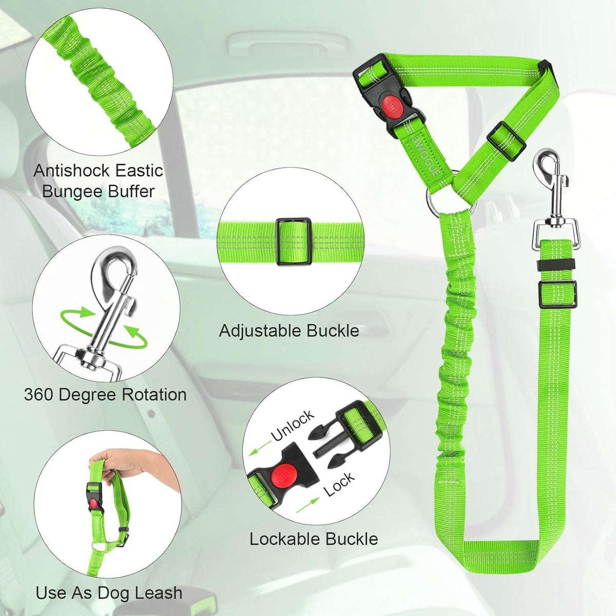 BWOGUE Pet Dog Cat Seat Belt Reflective Car Dog Headrest Restraint Leash Elastic Buffer Bungee