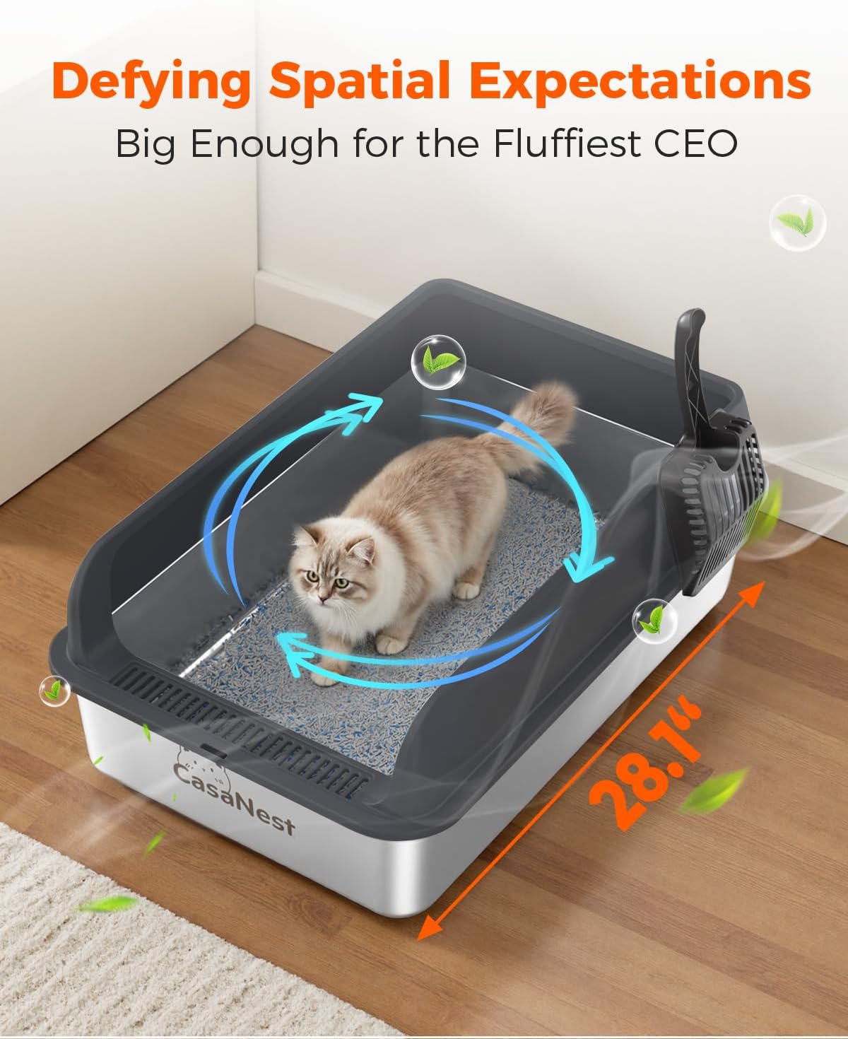 XXXL Stainless Steel Cat Litter Box 28.1''×20.5''× 10.1” Extra Large Metal Cat Litter Box for Big