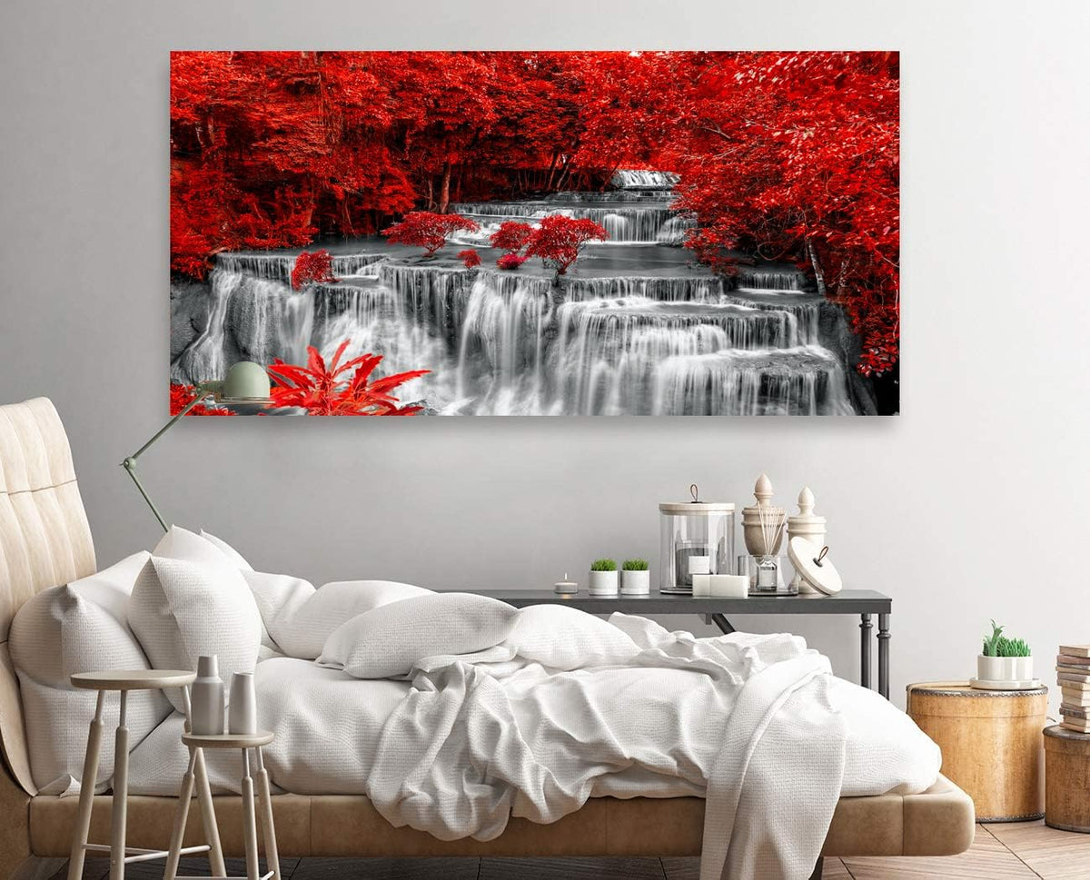 Yxbhhym Black White and Red Waterfall Canvas Wall Art- Red Tree Prints Landscape Posters Framed