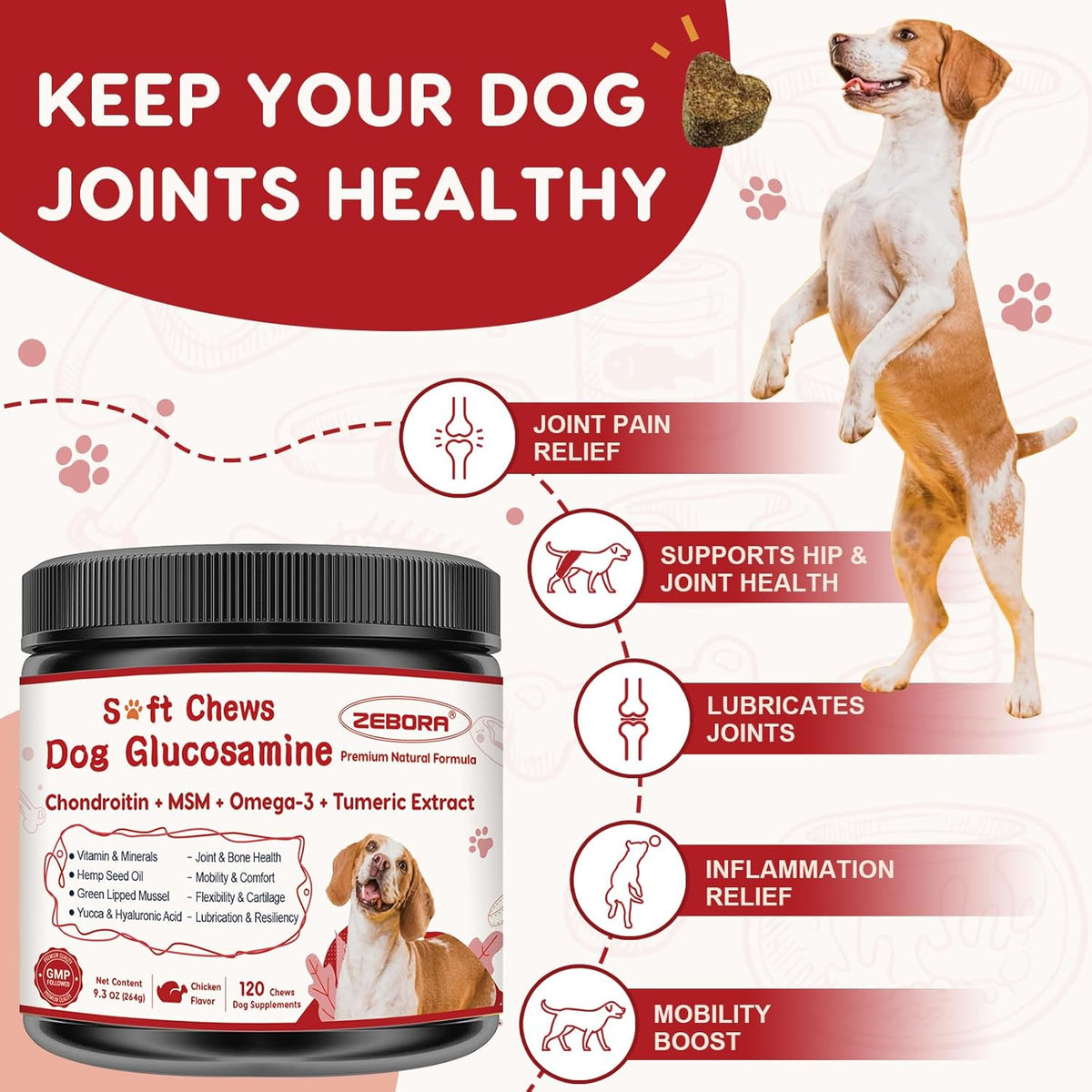 Glucosamine for Dogs, Joint Supplement for Dogs with Chondroitin, MSM, Omega-3, Turmeric and