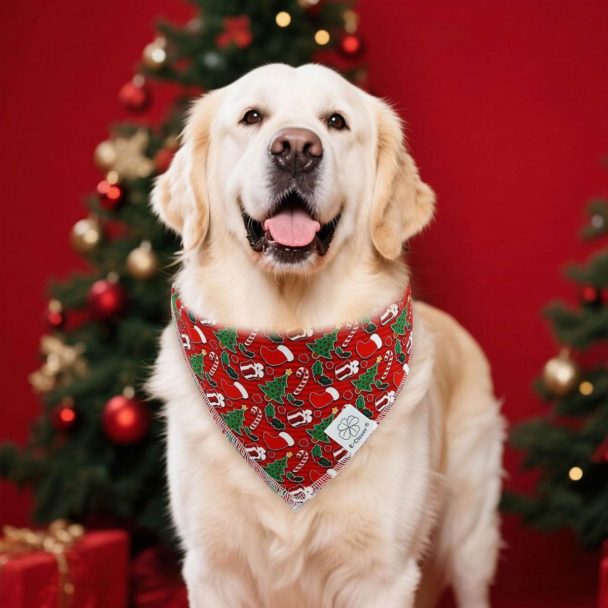 E-Clover Christmas Dog Bandanas & Matching Scrunchie Set Green Red Dog Scarf Bibs Pet Bandana with