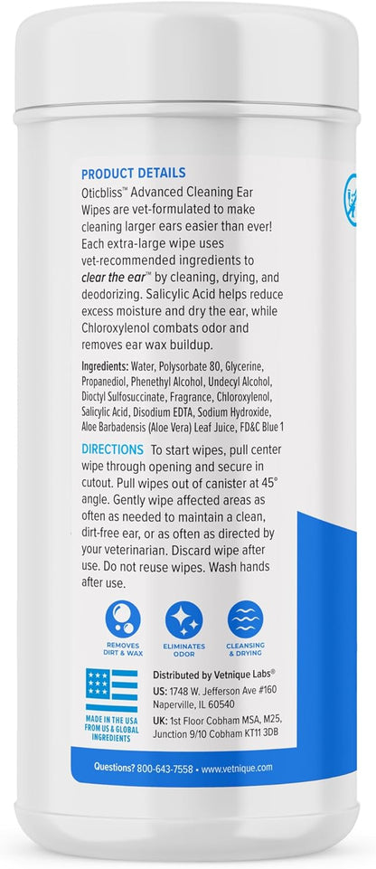 Vetnique Oticbliss Advanced Cleaning Ear Wipes for Dogs for Odor Control, Dirt and Wax Removal with