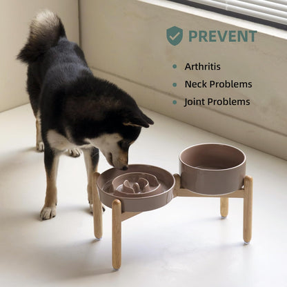 Ceramic Raised Slow Feeder Dog Bowl Set, Elevated 7.3inch Bowl and 8.2inch Puzzle Slow Dish with