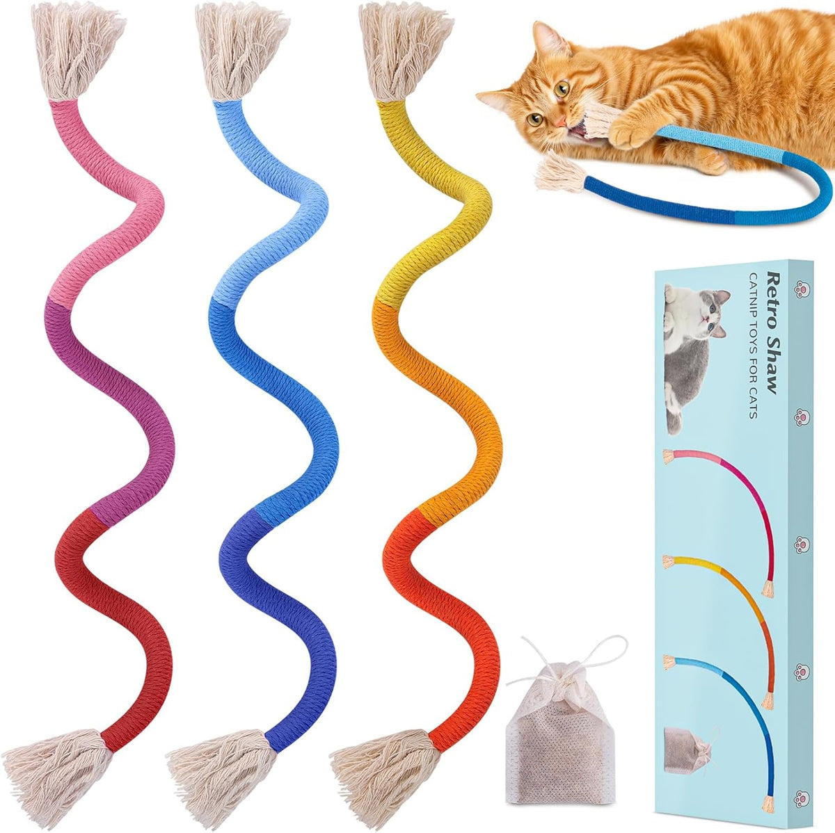 Retro Shaw Cat Toys Chew Ropes, Catnip Rope Toys for Indoor Cats Kitten, Safe Cat String Kitten