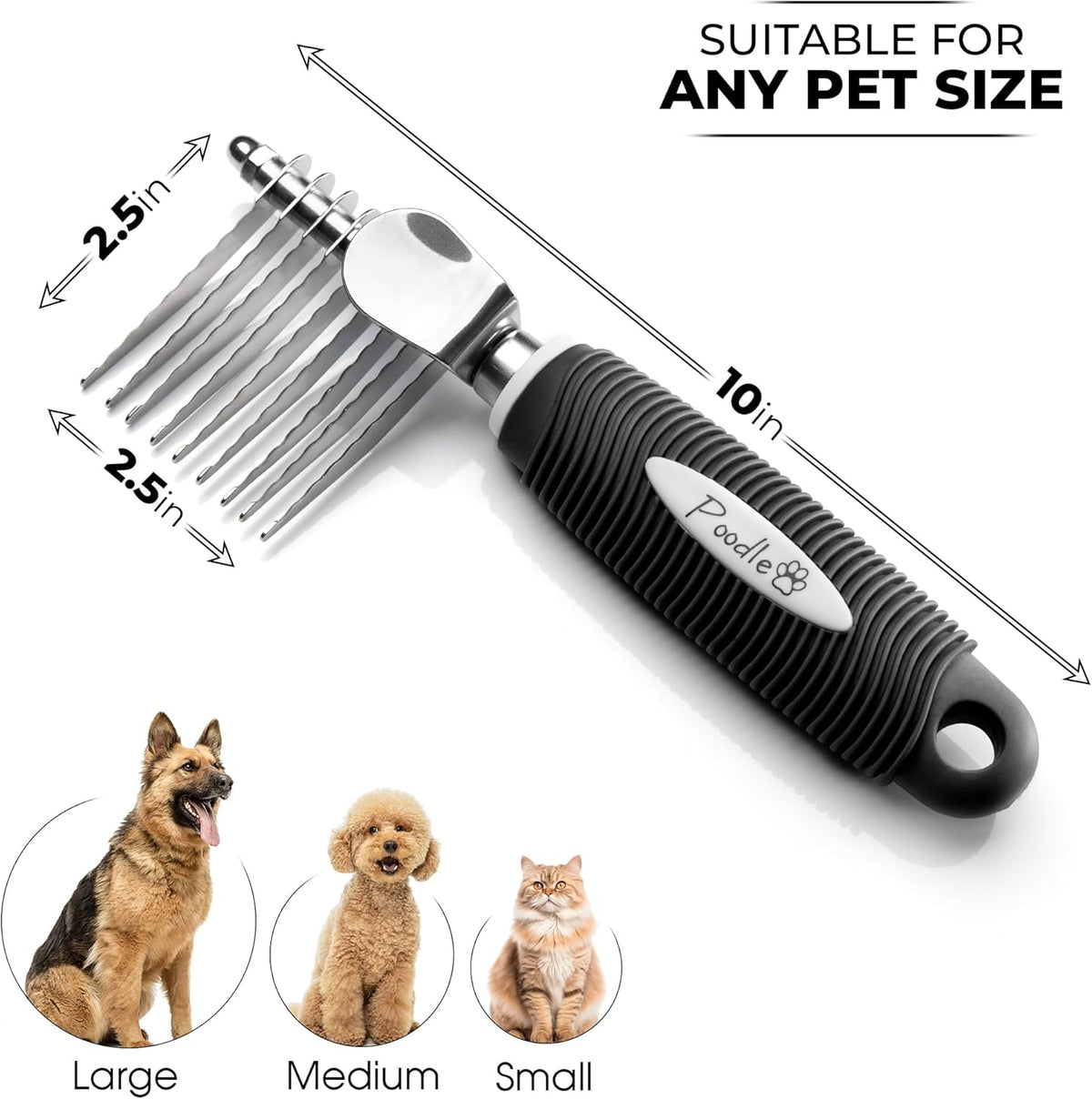 Poodle Dematting Fur Rake Comb Brush for Dogs and Cats - Long 2.5" Steel Safety Blades Metal Comb