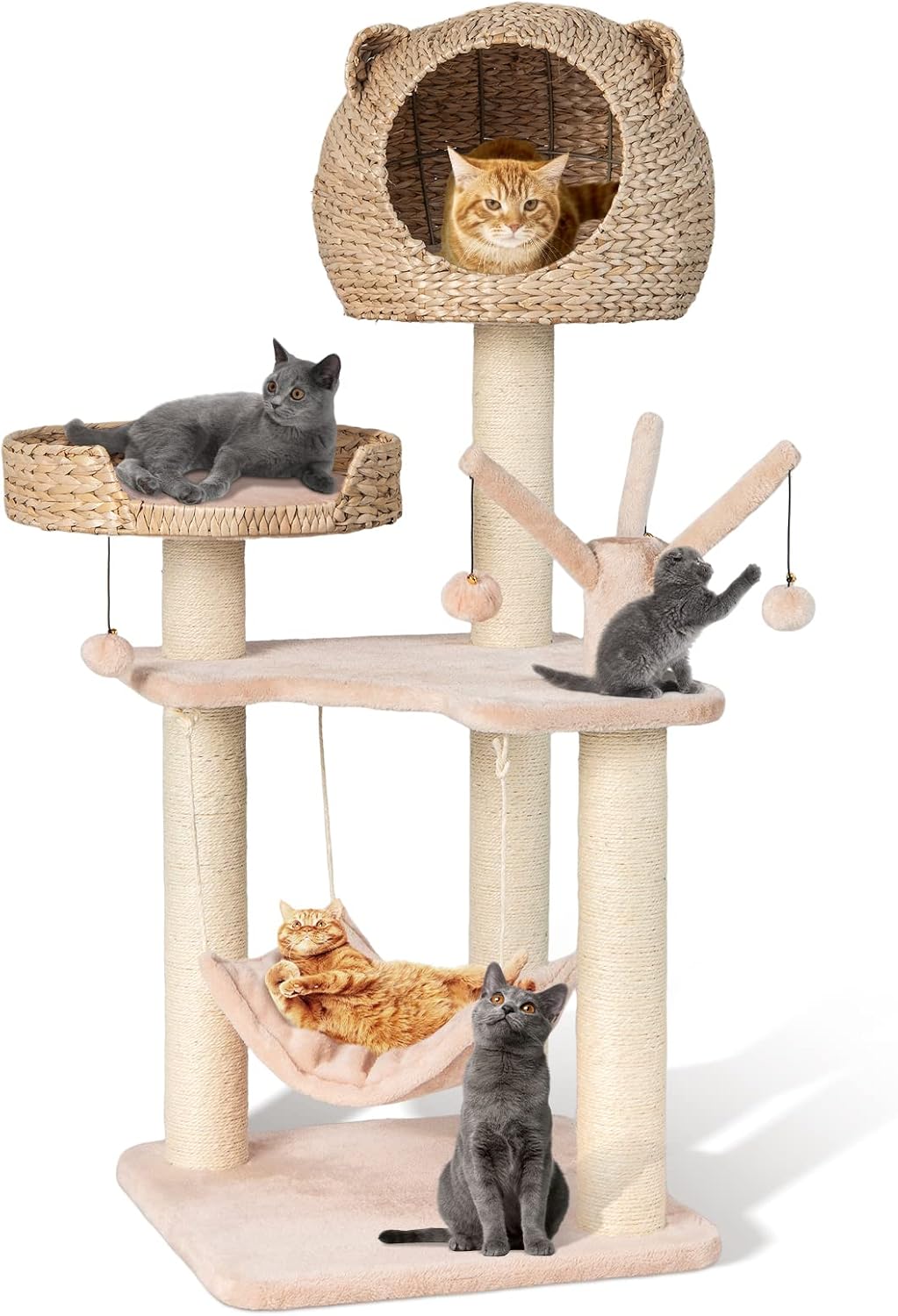 PETSITE Woven Cat Tree, Modern Cat Tower with Hammock & Scratching Posts, Cattail Condo & Top