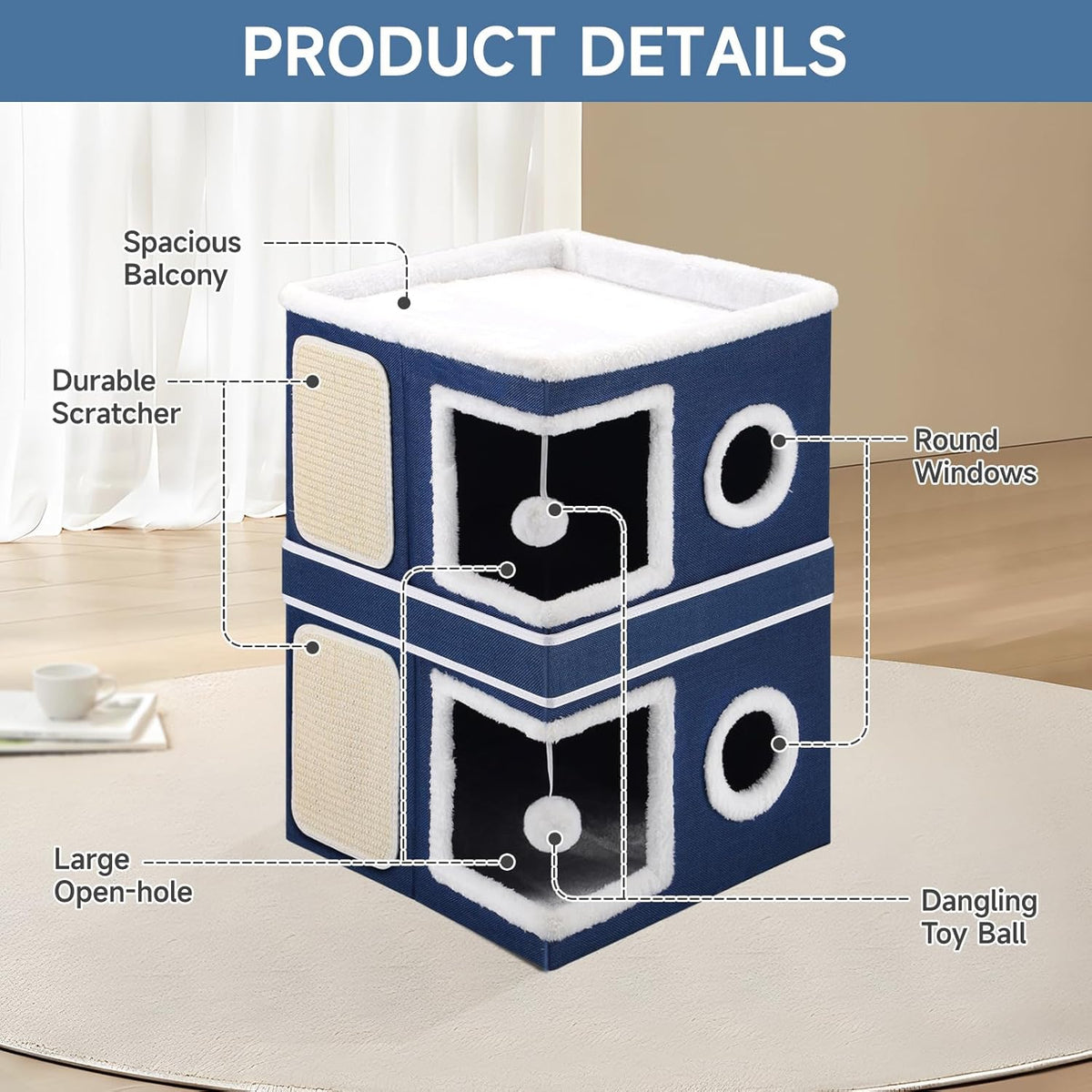 2-Storey Cat House for Indoor Cats, Large Double Cat Bed Cave with Hideaway Condos, Scratch Pads