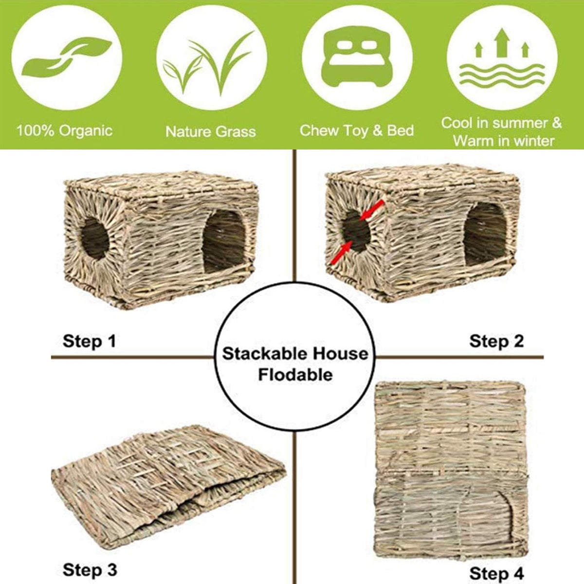 kathson 2 Pcs Rabbit Grass House Natural Foldable Hand Woven Seagrass Bed Carrot Hay Toy Hut Safe