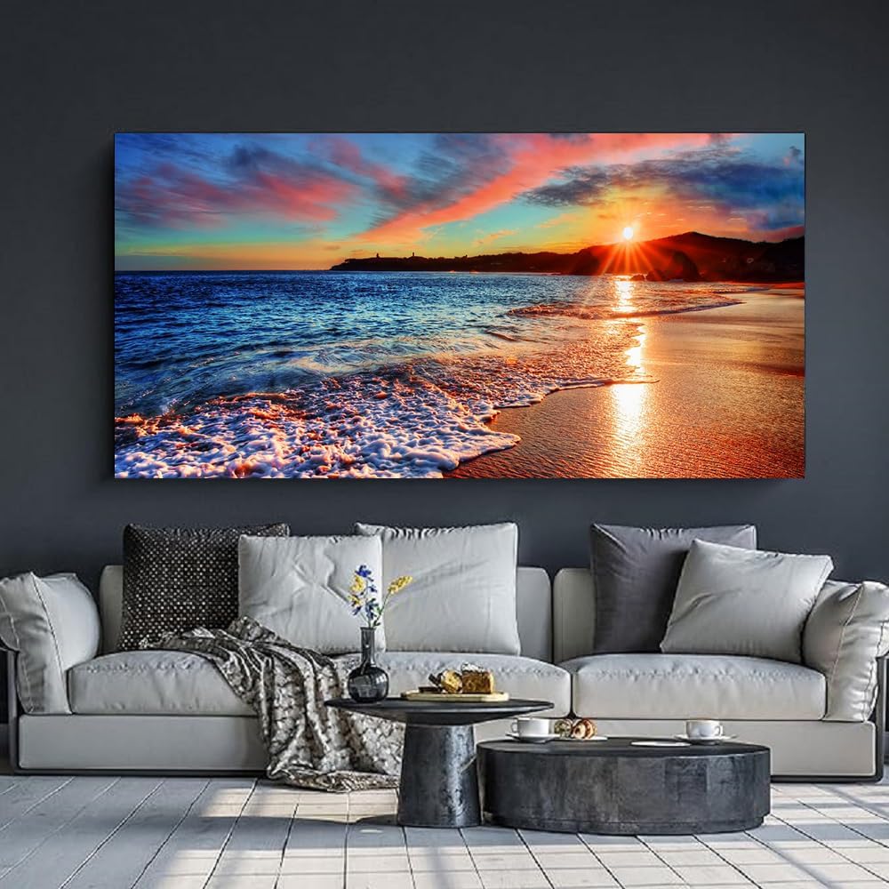 Yxbhhym-Beach Wall Art Pictures for Living Room Ocean Canvas Wall Art Decor Bedroom Sunset Painting
