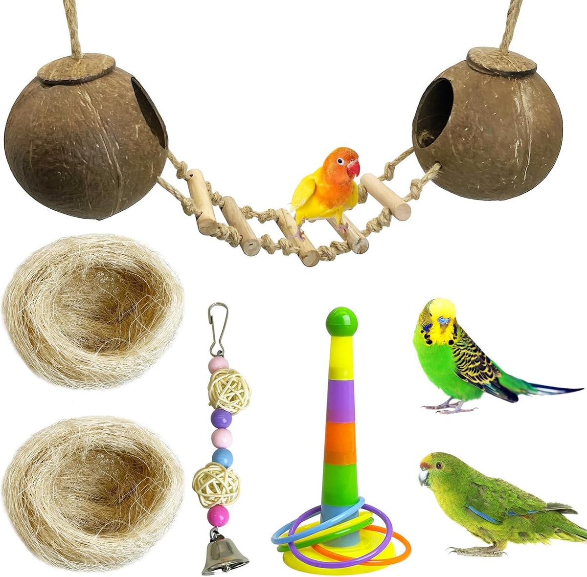 kathson 5Pcs Bird Coconut House with Ladder Parakeet Coconut Nest for Cages Parrot Hut Hanging