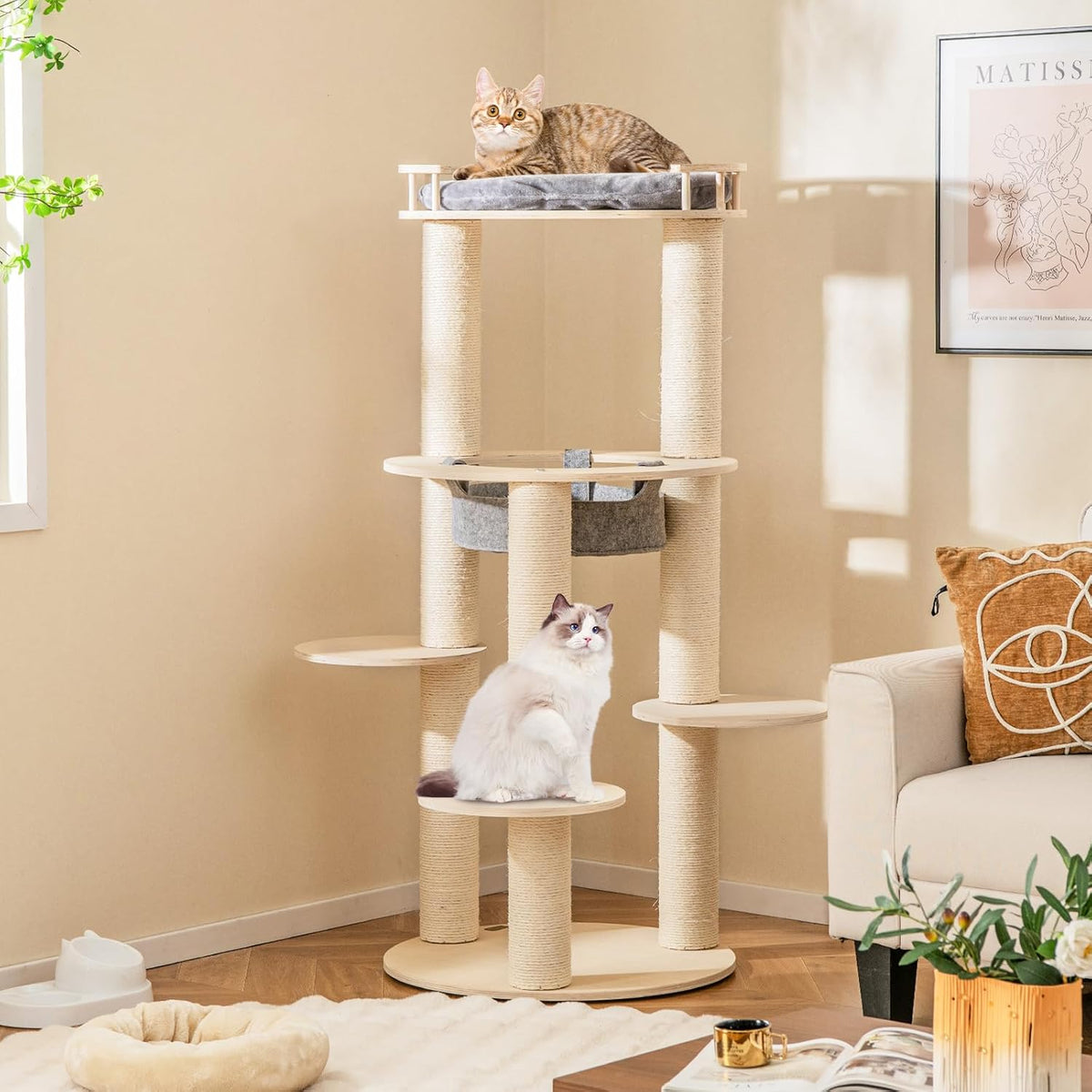 Tangkula Wood Cat Tree, 59 Inch Multi-Level Cat Tower with Top Padded Perch, Hammock, 3 Platforms &