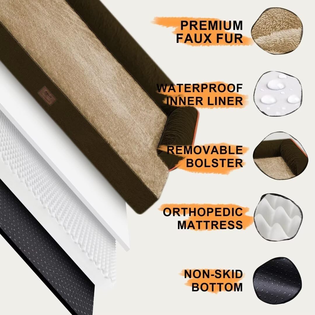 Large Dog Bed Orthopedic Washable: Extra Brown XL XLarge Big Dog Bed with Washable Bolster & Memory