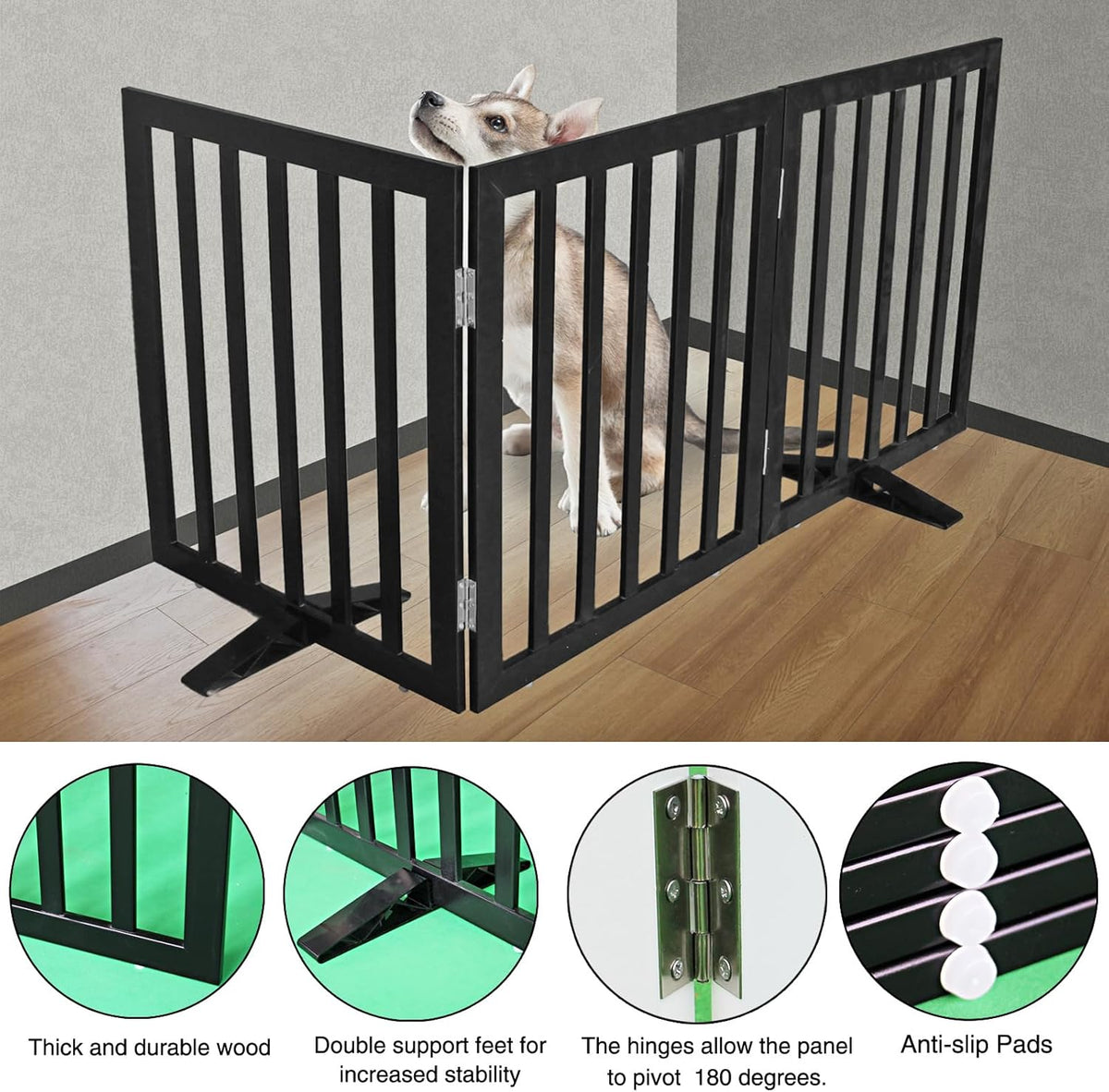 ZJSF Freestanding Indoor Dog Gate for House Foldable Wood Puppy Gate for Doorways Pet Gate for