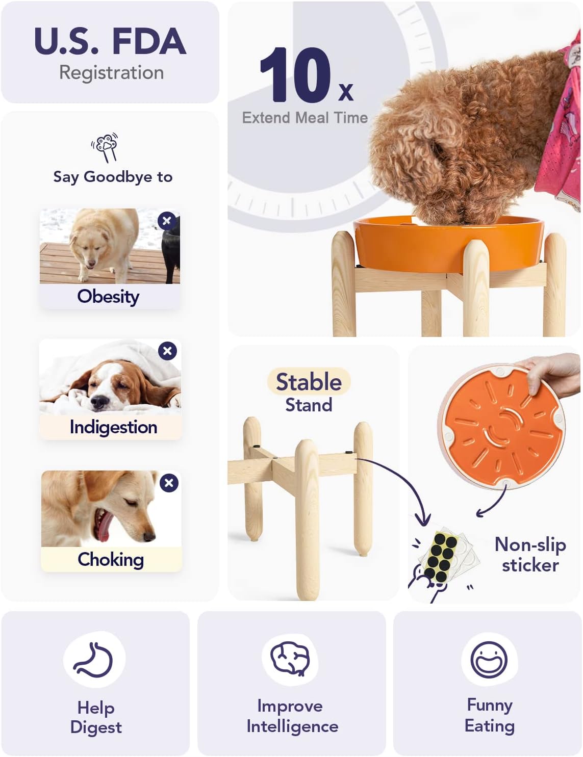 LE TAUCI Ceramic Slow Feeder Puzzle Bowl Elevated 1.5 Cup with Wooden Stand for Small & Medium Dog