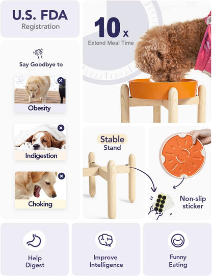LE TAUCI Ceramic Slow Feeder Puzzle Bowl Elevated 1.5 Cup with Wooden Stand for Small & Medium Dog