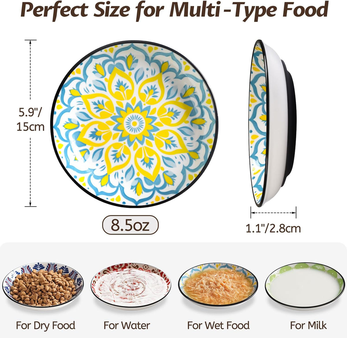Non-Slip Cat Bowl,Ceramic Cat Food Bowls with Silicone Bottom, Anti-Whisker Fatigue Cats Dishes