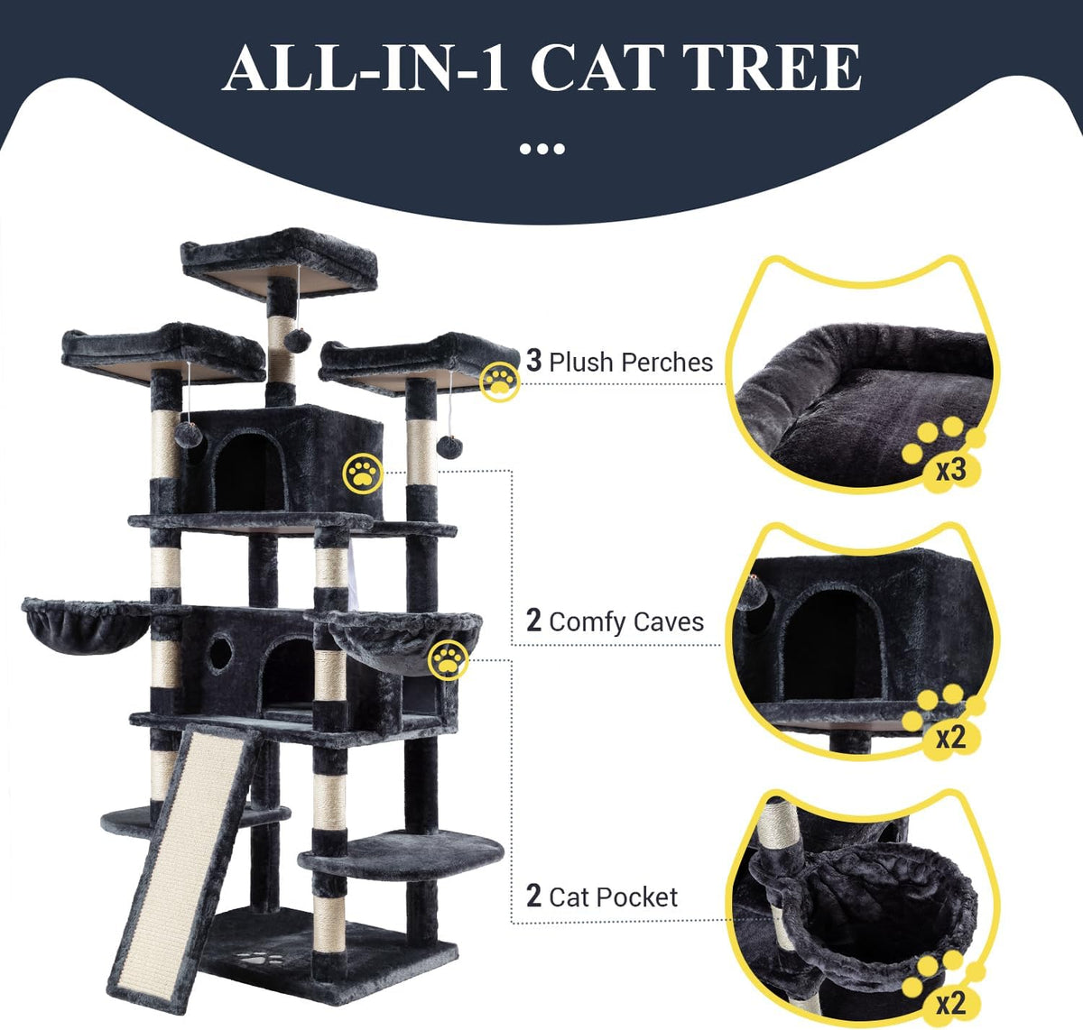Allewie 68 Inches Cat Tree/House and Towers for Big Feline/Scratching Post/Multi-Level Large Kitty