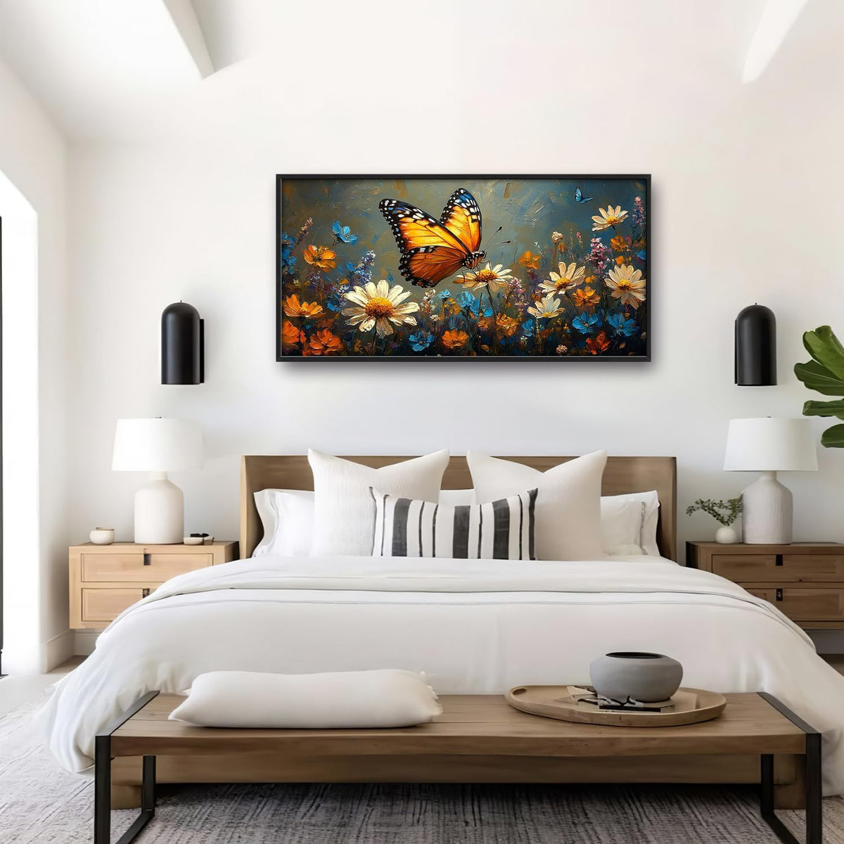 Large Butterfly Daisy Wall Art for Living Room, Floral Landscape Canvas Oversized Wall Decor
