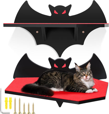 Cat Wall Mount Shelves for Indoor, Gothic Bat Floating Shelf with Coffin Bed Cat Wall Tree Can Load