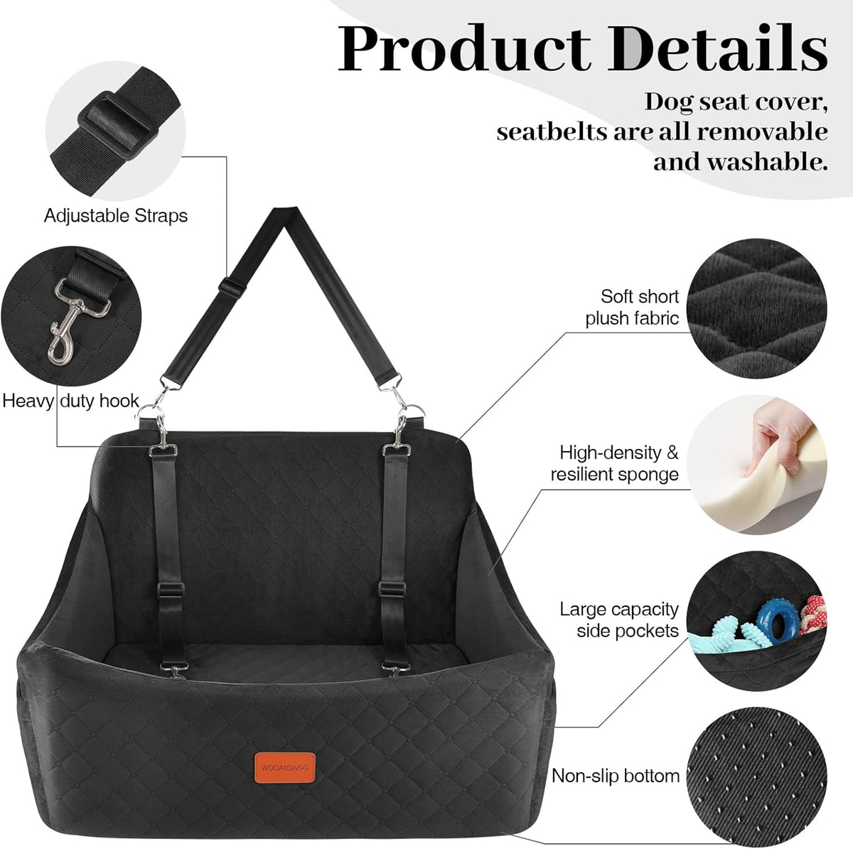Dog Car Seat for Medium & Large Dogs Up to 55lbs, Memory Foam Cushion, Washable Cover, Safety