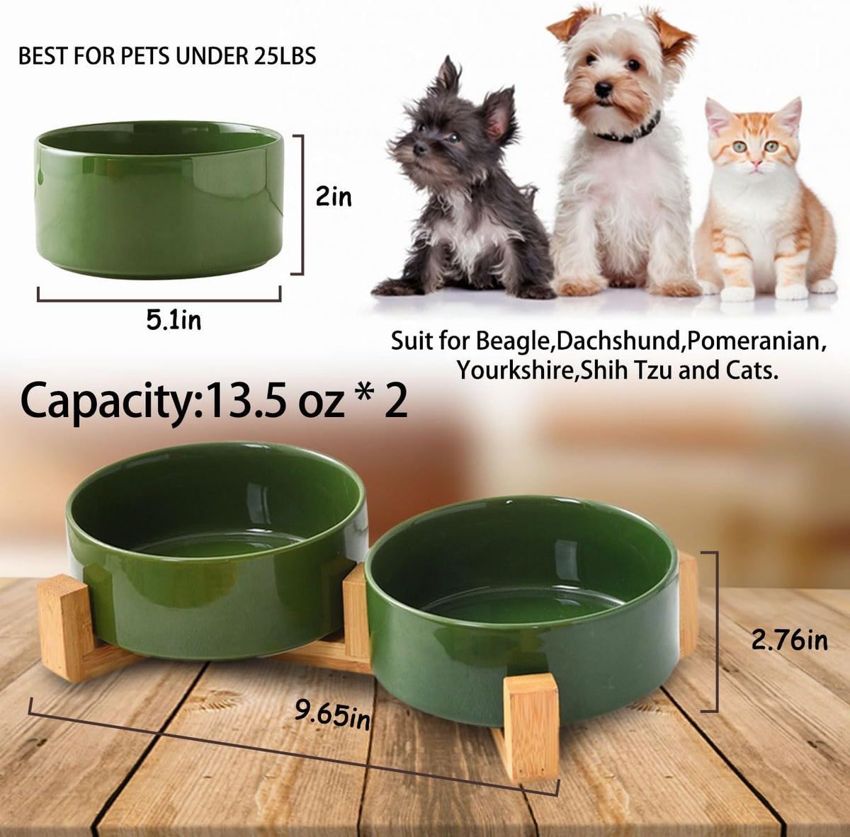Petygooing Dog Bowls,Ceramic Cat Dog Bowl Set with Wood Stand for Food and Water,Non-Slip Cute